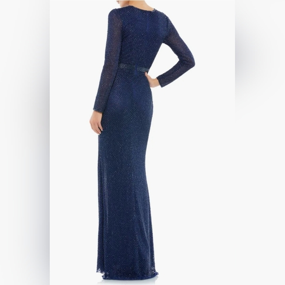 Mac Duggal Navy Bugle Bead Long Sleeve Sheath Formal Gown NWT Size 6 - Picture 3 of 16